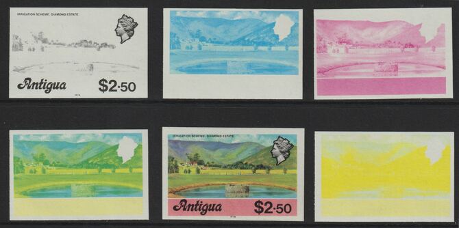 Antigua 1976 Irrigation Scheme $2.50 (with imprint) set of 6 imperf progressive colour proofs comprising the 4 basic colours, blue & yellow composite plus all 4 colours (as SG 484B) unmounted mint