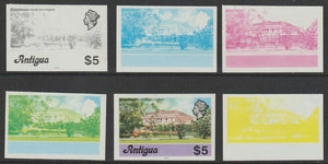 Antigua 1976 Government House $5 (with imprint) set of 6 imperf progressive colour proofs comprising the 4 basic colours, blue & yellow composite plus all 4 colours (as SG 485B) unmounted mint