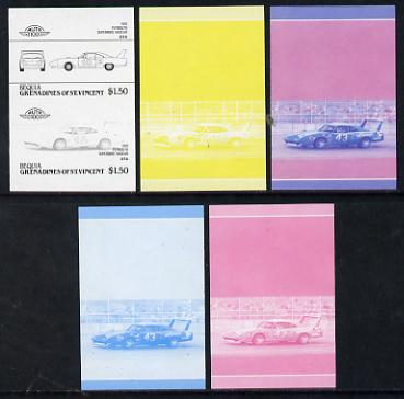 St Vincent - Bequia $1.50 Plymouth Superbird (1970) set of 5 imperf progressive colour proofs in se-tenant pairs comprising the 4 basic colours plus blue & magenta composite (5 pairs) unmounted mint