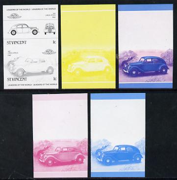 St Vincent 1985 Cars #3 (Leaders of the World) 1c Lancia Aprilia (1937) set of 5 imperf progressive colour proofs in se-tenant pairs comprising the 4 basic colours plus blue & magenta composite (5 pairs as SG 862a) unmounted mint