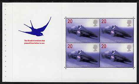 Great Britain 1998 British Land Speed Record Holders - Donald Campbell in Bluebird 20p P14.5 x 13.5 booklet pane of 4 unmounted mint, as SG 2059a