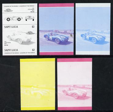 St Lucia 1984 Cars #2 (Leaders of the World) $2 Aston Martin DB3S (1954) set of 5 imperf progressive colour proofs in se-tenant pairs comprising the 4 basic colours plus blue & magenta composite (5 pairs as SG 757a) unmounted mint