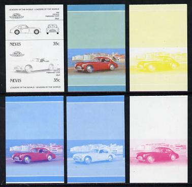 Nevis 1985 35c Cisitalia Coupe (1948) set of 6 imperf progressive colour proofs in se-tenant pairs comprising the 4 basic colours plus blue & magenta and blue, magenta & yellow composites (6 pairs as SG 328a) unmounted mint