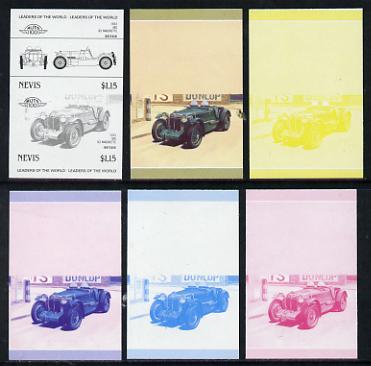 Nevis 1985 $1.15 MG K3 Magnette (1933) set of 6 imperf progressive colour proofs in se-tenant pairs comprising the 4 basic colours plus blue & magenta and blue, magenta & yellow composites (6 pairs as SG 332a) unmounted mint
