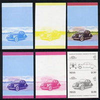 Nevis 1985 $1.50 Lincoln Zephyr (1937) set of 6 imperf progressive colour proofs in se-tenant pairs comprising the 4 basic colours plus blue & magenta and blue, magenta & yellow composites (6 pairs as SG 334a) unmounted mint