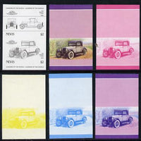 Nevis 1985 $2 Pontiac 2-door (1926) set of 6 imperf progressive colour proofs in se-tenant pairs comprising the 4 basic colours plus blue & magenta and blue, magenta & yellow composites (6 pairs as SG 336a) unmounted mint