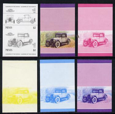 Nevis 1985 $2 Pontiac 2-door (1926) set of 6 imperf progressive colour proofs in se-tenant pairs comprising the 4 basic colours plus blue & magenta and blue, magenta & yellow composites (6 pairs as SG 336a) unmounted mint
