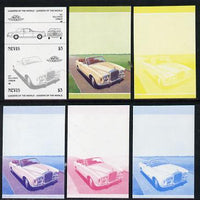 Nevis 1985 $3 Rolls Royce Corniche (1971) set of 6 imperf progressive colour proofs in se-tenant pairs comprising the 4 basic colours plus blue & magenta and blue, magenta & yellow composites (6 pairs as SG 263a) unmounted mint