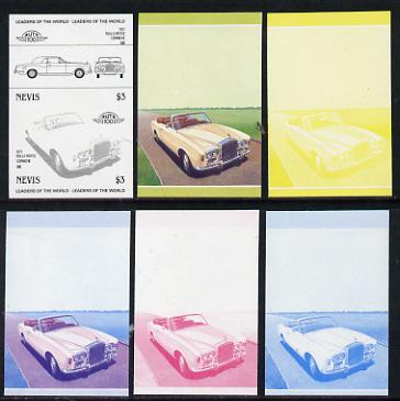 Nevis 1985 $3 Rolls Royce Corniche (1971) set of 6 imperf progressive colour proofs in se-tenant pairs comprising the 4 basic colours plus blue & magenta and blue, magenta & yellow composites (6 pairs as SG 263a) unmounted mint