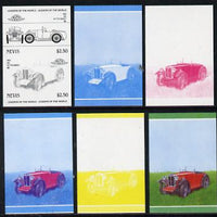Nevis 1985 $2.50 MG Midget (1930) set of 6 imperf progressive colour proofs in se-tenant pairs comprising the 4 basic colours plus blue & magenta and blue, magenta & yellow composites (6 pairs as SG 261a) unmounted mint