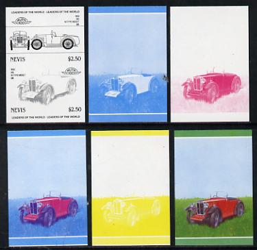 Nevis 1985 $2.50 MG Midget (1930) set of 6 imperf progressive colour proofs in se-tenant pairs comprising the 4 basic colours plus blue & magenta and blue, magenta & yellow composites (6 pairs as SG 261a) unmounted mint