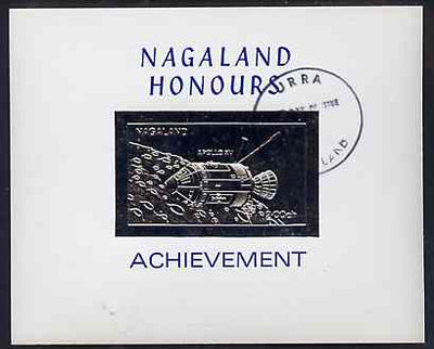 Nagaland 1972 Apollo 15 2ch value embossed in silver on glossy card with first day cancellation (imperf)