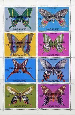 Nagaland 1971 Butterflies (Peacock, Dragontail, Crimson Rose etc) perf,set of 8 values complete opt'd PRE-OLYMPIC GAMES, MUNICH 1972 unmounted mint