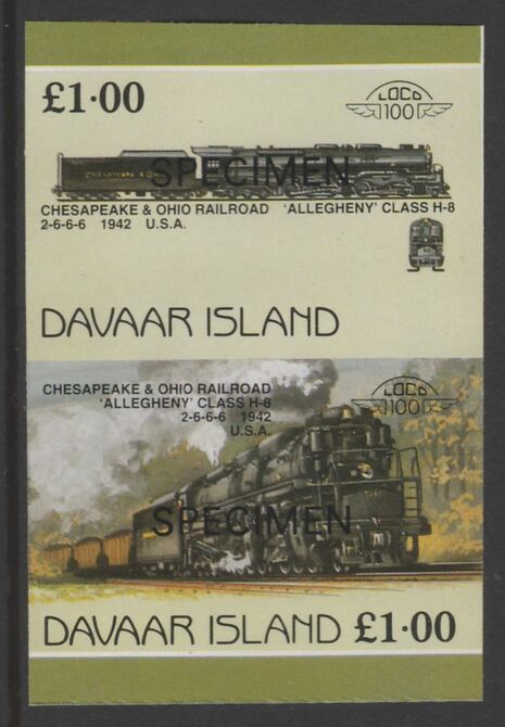 Davaar Island 1983 Locomotives #1 Chesapeake & Ohio Class H8 2-6-6-6 loco £1 imperf se-tenant pair overprinted SPECIMEN unmounted mint
