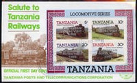Tanzania 1985 Locomotives perf miniature sheet with 'Caribbean Royal Visit 1985' opt in silver on cover with first day cancel