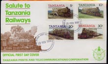 Tanzania 1985 Locomotives imperf set of 4 with 'Caribbean Royal Visit 1985' opt in gold on cover with first day cancel
