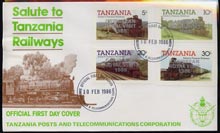 Tanzania 1985 Locomotives imperf set of 4 with 'Caribbean Royal Visit 1985' opt in silver on cover with first day cancel