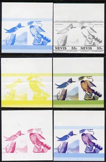 Nevis 1985 Kingfisher & Cuckoo (John Audubon 55c) set of 6 imperf progressive colour proofs in se-tenant pairs comprising the 4 basic colours plus magenta & blue and magenta, blue & yellow composites (as SG 271a) unmounted mint