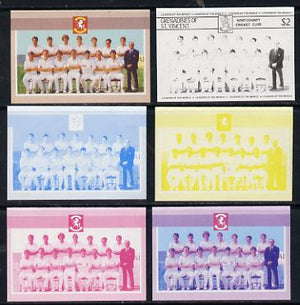 St Vincent - Grenadines 1985 Cricketers #3 - $2 Kent Team - set of 6 imperf progressive colour proofs comprising the 4 basic colours plus blue & magenta and blue, magenta & yellow composites unmounted mint as SG 368