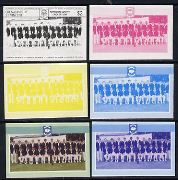 St Vincent - Grenadines 1985 Cricketers #3 - $2 Yorkshire Team - set of 6 imperf progressive colour proofs comprising the 4 basic colours plus blue & magenta and blue, magenta & yellow composites unmounted mint (as SG 369)