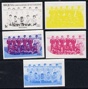 St Vincent - Bequia 1986 World Cup Football 1c (S Korean Team) set of 5 imperf progressive colour proofs comprising the 4 basic colours plus blue & magenta composite unmounted mint
