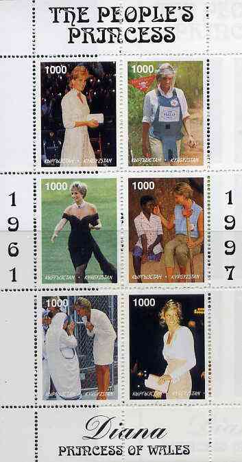 Kyrgyzstan 1997 Diana, The People's Princess perf sheetlet containing set of 6 values (designs incl Working with Red Cross, Land Mine Victims & Mother Teresa) unmounted mint