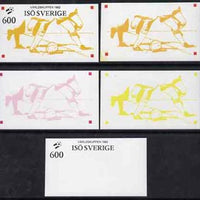 Iso - Sweden 1982 Football World Cup imperf souvenir sheet (600 value) set of 5 progressive colour proofs comprising the 3 individual colours, 2-colour and all 3-colour composites unmounted mint