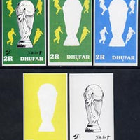 Dhufar 1982 Football World Cup imperf souvenir sheet (2r value) set of 5 progressive colour proofs comprising the 3 individual colours, 2-colour and all 3-colour composites unmounted mint