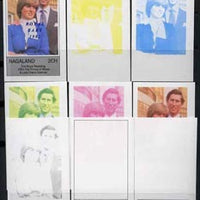 Nagaland 1982 Royal Baby opt on Royal Wedding deluxe sheet, the set of 9 imperf progressive colour proofs comprising single colours and various colour combinations incl completed design unmounted mint