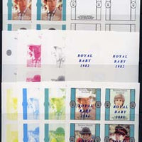 Bernera 1982 Royal Baby opt on Royal Wedding imperf sheetlet containing 4 values, the set of 11 imperf progressive colour proofs comprising single colours and various colour combinations incl completed design (44 proofs) unmounted mint