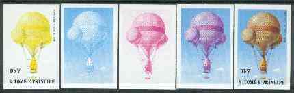 St Thomas & Prince Islands 1980 Balloons 7Db (John Wise) set of 5 imperf progressive proofs comprising blue and magenta single colours, blue & magenta and black & yellow composites plus all four colours unmounted mint