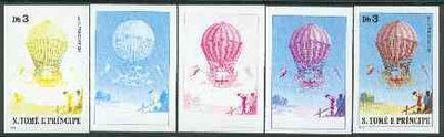 St Thomas & Prince Islands 1980 Balloons 3Db (Von Lütgendorf) set of 5 imperf progressive proofs comprising blue and magenta single colours, blue & magenta and black & yellow composites plus all four colours unmounted mint