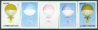 St Thomas & Prince Islands 1980 Balloons 0.5Db (Blanchard) set of 5 imperf progressive proofs comprising blue and magenta single colours, blue & magenta and black & yellow composites plus all four colours unmounted mint