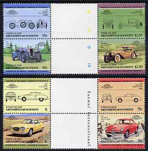 St Vincent - Union Island 1985 Cars #1 (Leaders of the World) set of 8 in se-tenant gutter pairs (folded through gutters or perfs) from uncut archive proof sheet unmounted mint