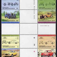 St Vincent - Union Island 1985 Cars #1 (Leaders of the World) set of 8 in se-tenant cross-gutter block (folded through gutters or perfs) from uncut archive proof sheet, some split perfs & wrinkles but a rare archive item unmounted mint