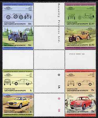 St Vincent - Union Island 1985 Cars #1 (Leaders of the World) set of 8 in se-tenant cross-gutter block (folded through gutters or perfs) from uncut archive proof sheet, some split perfs & wrinkles but a rare archive item unmounted mint