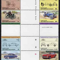 St Vincent - Union Island 1985 Cars #2 (Leaders of the World) set of 8 in se-tenant cross-gutter block (folded through gutters or perfs) from uncut archive proof sheet, some split perfs & wrinkles but a rare archive item unmounted mint