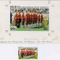 St Vincent - Bequia 1986 World Cup Football original artwork for 60c value (Denmark Team) comprising coloured photograph and overlay with text with several printer's notations, 125 x 75 mm (plus issued stamp)