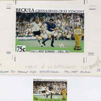 St Vincent - Bequia 1986 World Cup Football original artwork for 75c value (Italy v W Germany Final of 1982) comprising coloured photograph and overlay with text with several printer's notations, 125 x 75 mm (plus issued stamp)