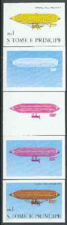 St Thomas & Prince Islands 1980 Airships 1Db (Paul Hanlein) set of 5 imperf progressive proofs comprising blue and magenta single colours, blue & magenta and black & yellow composites plus all four colours unmounted mint