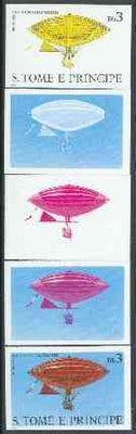 St Thomas & Prince Islands 1980 Airships 3Db (Gaston Brothers) set of 5 imperf progressive proofs comprising blue and magenta single colours, blue & magenta and black & yellow composites plus all four colours unmounted mint