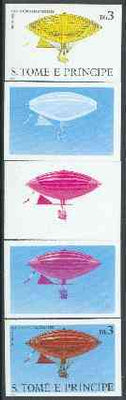 St Thomas & Prince Islands 1980 Airships 3Db (Gaston Brothers) set of 5 imperf progressive proofs comprising blue and magenta single colours, blue & magenta and black & yellow composites plus all four colours unmounted mint