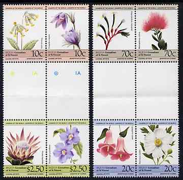 St Vincent - Bequia 1985 Flowers (Leaders of the World) set of 8 in se-tenant gutter pairs (folded through gutters) from uncut archive proof sheets unmounted mint