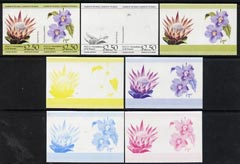 St Vincent - Bequia 1985 Flowers (Leaders of the World) $2.50 (Protea laurifolia & Thunbergia grandiflora) set of 7 imperf se-tenant progressive proof pairs comprising the 4 individual colours, plus 2, 3 and all 4-colour composites unmounted mint