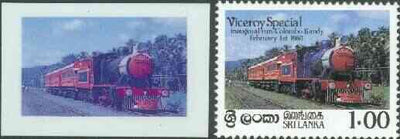 Sri Lanka 1986 Inaugural Run of 'Viceroy Special' Train die proof in red and blue only (missing Country name, value & inscription) on plastic card (ex archives) as SG 924 plus issued stamp