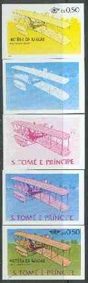 St Thomas & Prince Islands 1979 Aviation History 0.5Db (Wright Flyer 1) set of 5 imperf progressive proofs comprising blue and magenta single colours, blue & magenta and black & yellow composites plus all four colours unmounted mint