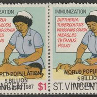 St Vincent 1987 Child Health $1 value opt'd World Population Control horiz strip of 4 with opt applied obliquely unmounted mint, SG 1056var