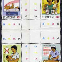 St Vincent 1987 Child Health perf set of 4 in se-tenant cross-gutter block (folded through gutters) one stamp with World Population Control as an overlay, from uncut archive proof sheet and almost certainly UNIQUE, SG 1053-56, som……Details Below