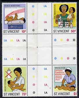 St Vincent 1987 Child Health perf set of 4 in se-tenant cross-gutter block (folded through gutters) one stamp with World Population Control as an overlay, from uncut archive proof sheet and almost certainly UNIQUE, SG 1053-56, som……Details Below