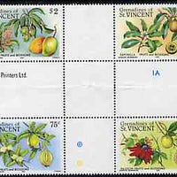 St Vincent - Grenadines 1985 Fruits & Blossoms set of 4 in se-tenant cross-gutter block (folded through gutters) from uncut archive proof sheet (SG 398-401) some split perfs & wrinkles but a rare archive item unmounted mint
